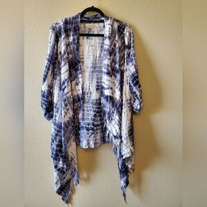 Knox Rose Navy and White Tie-Dye Kimono Cardigan with Fringe
